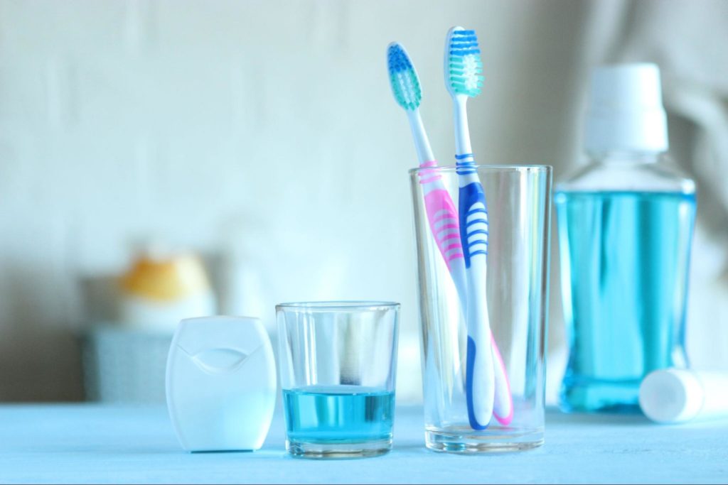 Counter with toothbrush and toothpaste